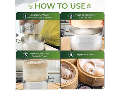 ढक्कन के साथ गहरे पॉट ब्रोकोली बांस की भाप टोकरी