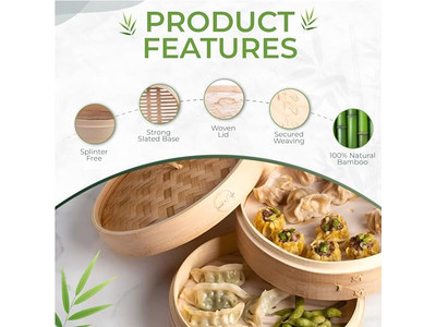 ढक्कन के साथ गहरे पॉट ब्रोकोली बांस की भाप टोकरी